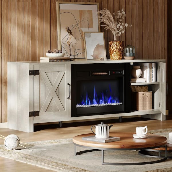Bestier Farmhouse 63 in. Freestanding Electric Fireplace TV Stand Fits TVs up to 70 in. with Remote Control in White