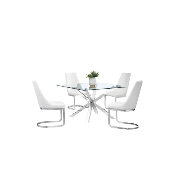 Best Quality Furniture Anitta 5-Piece Square Glass Top With Stainless Steel Base Table Set With 4 White Faux Leather Chair With Chrome Legs