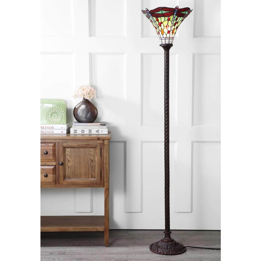 Dragonfly Tiffany-Style 71" Bronze Stained Glass Torchiere Lamp