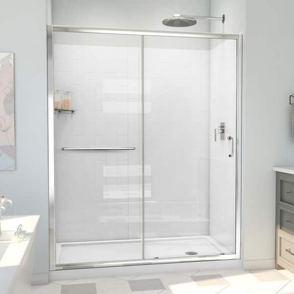 DreamLine 32 in. D x 60 in. W x 78-3/4 in. H Sliding Semi-Frameless Shower Door Base and White Wall Kit in Chrome and Clear Glass
