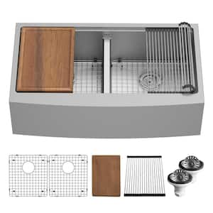 36 in. Farmhouse/Apron-Front 50/50 Double Bowl 16-Gauge Stainless Steel Workstation Kitchen Sink