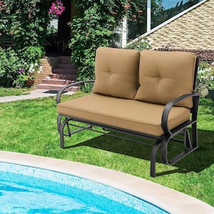 2-Person Metal Outdoor Patio Glider Bench Swing Seat Bench with Seat and Back Beige Cushions