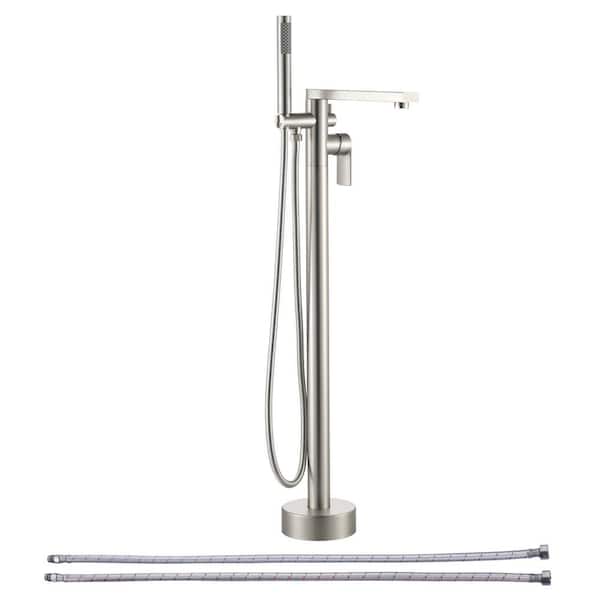 Single-Handle Floor Mount Brass Freestanding Tub Faucet Bathtub Filler with Handheld Shower in Brushed Nickel