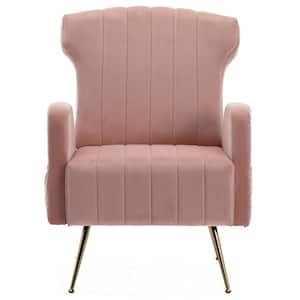 Modern Upholstered Pink Velvet Wingback Accent Arm Chair with Metal Legs