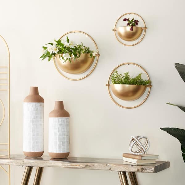 15in. Medium Gold Metal Geometric Indoor Outdoor Wall Planter (3- Pack)