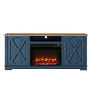 70 in. Farmhouse Wooden TV Stand with Electric Fireplace in Navy for TVs up to 70 in.