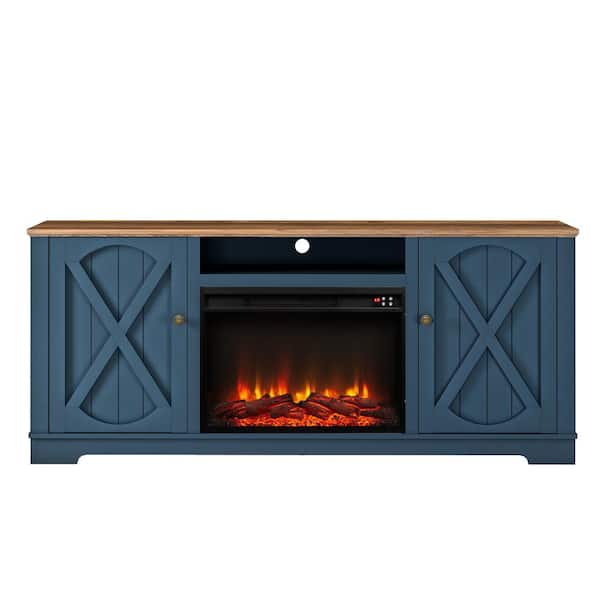 FESTIVO 70 in. Farmhouse Wooden TV Stand with Electric Fireplace in Navy for TVs up to 70 in.