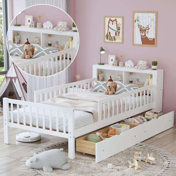Harper & Bright Designs White Twin Size Kids Platform Bed with Storage Headboard Rack, Safety Guardrails and 2-Drawers