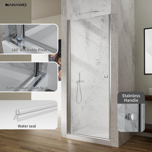 NANAWO 24 in.Wx 72 in.H Pivot Semi-Frameless Shower Door in Chrome