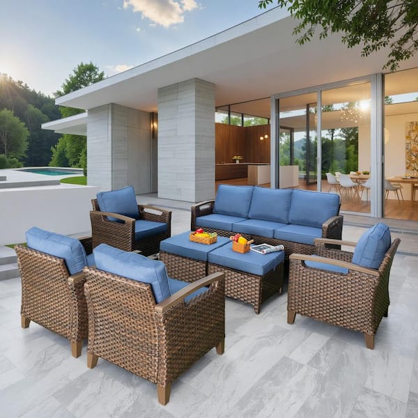 Buenaola Nyajiah 7-Piece Wicker Patio Conversation Set with Blue Cushions
