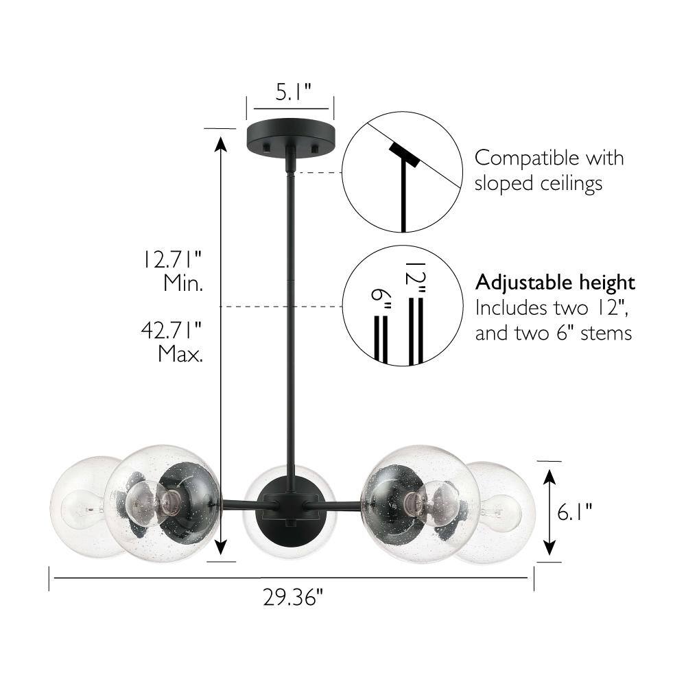 Matte Black 5-Light Chandelier with Seedy Glass Shades