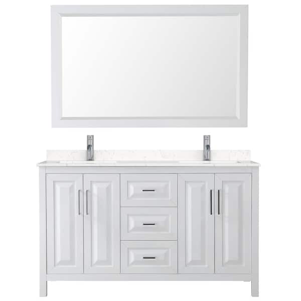 Wyndham Collection Daria 60 in. W x 22 in. D Double Vanity in White with Cultured Marble Vanity Top in Light-Vein Carrara w/ Basins& Mirror