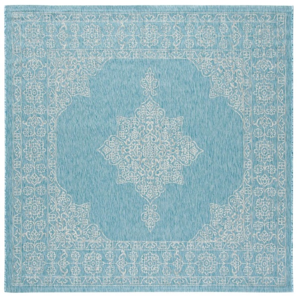 SAFAVIEH Courtyard Aqua/Gray 7 ft. x 7 ft. Indoor/Outdoor Square Area Rug