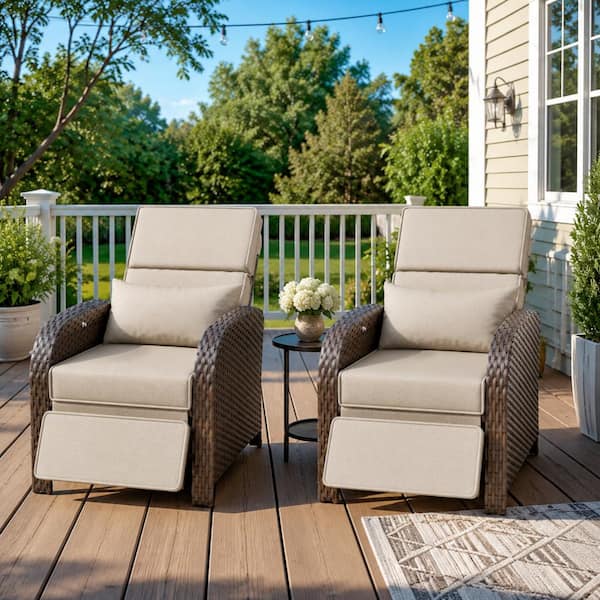 Outdoor 2-Piece Wicker Recliner Chair, Adjustable Backrest Reclining Lounge Patio Chair w/ Footrest & Armrest (beige)
