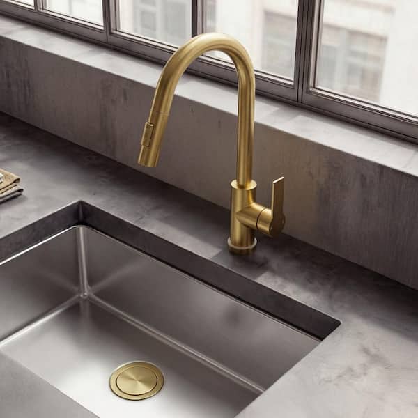 16 in. H LED Stainless Steel 1-Handle Pull Down Sprayer Kitchen Faucet Hot and Cold with 360° Swivel in Brushed Gold