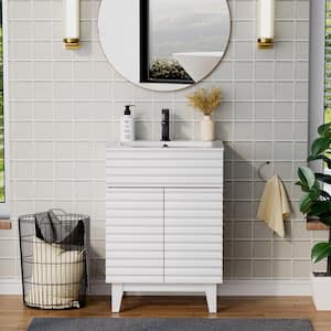 24 in. W x 17.7 in. D x 33.5 in. H Single Sink Bath Vanity in White with White Ceramic Top and Drain Faucet Set