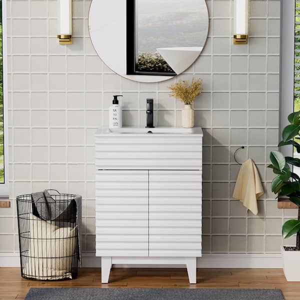 eclife 24 in. W x 17.7 in. D x 33.5 in. H Single Sink Bath Vanity in White with White Ceramic Top and Drain Faucet Set