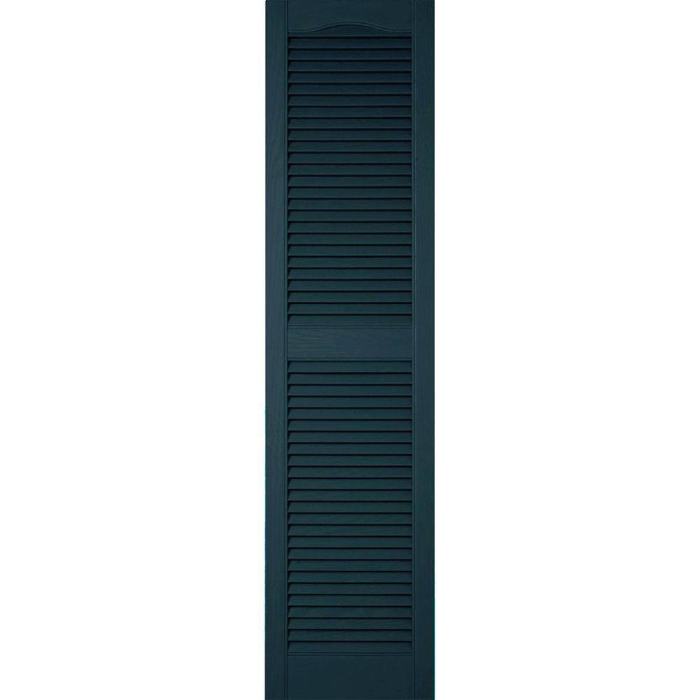 Ekena Millwork 12 in. x 31 in. Lifetime Vinyl Custom Cathedral Top Center Mullion Open Louvered Shutters Pair Midnight Blue