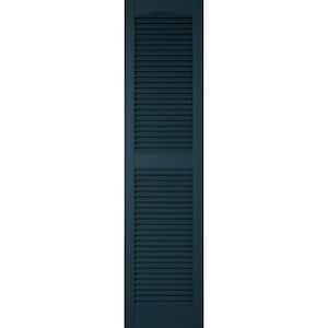 12 in. x 78 in. Lifetime Vinyl Custom Cathedral Top Center Mullion Open Louvered Shutters Pair Midnight Blue