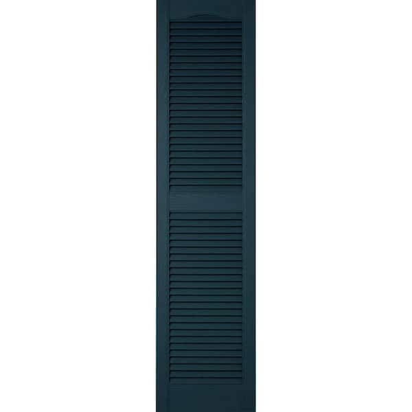 Ekena Millwork 12 in. x 78 in. Lifetime Vinyl Custom Cathedral Top Center Mullion Open Louvered Shutters Pair Midnight Blue