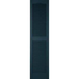 12 in. x 79 in. Lifetime Vinyl Custom Cathedral Top Center Mullion Open Louvered Shutters Pair Midnight Blue