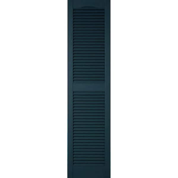 Ekena Millwork 14-1/2 in. x 36 in. Lifetime Vinyl Custom Cathedral Top Center Mullion Open Louvered Shutters Pair Midnight Blue