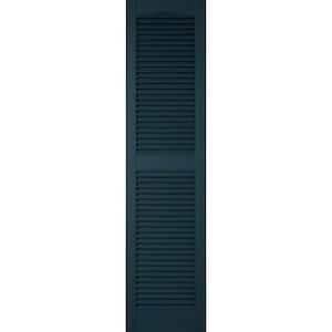 14-1/2 in. x 39 in. Lifetime Vinyl Custom Cathedral Top Center Mullion Open Louvered Shutters Pair Midnight Blue