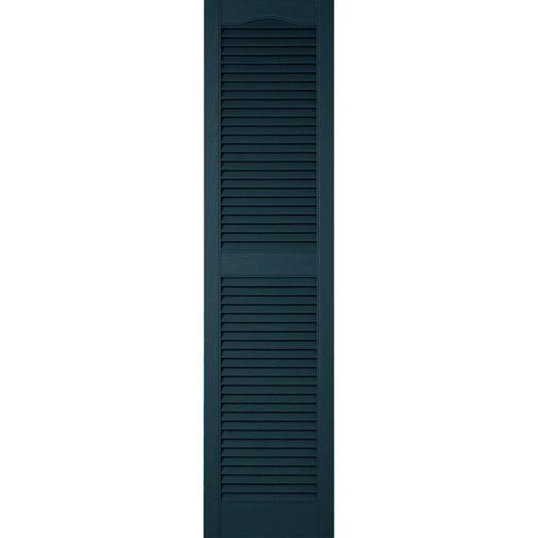 Ekena Millwork 14-1/2 in. x 39 in. Lifetime Vinyl Custom Cathedral Top Center Mullion Open Louvered Shutters Pair Midnight Blue