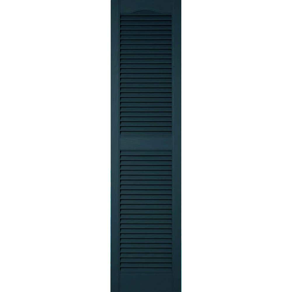 Ekena Millwork 14-1/2 in. x 52 in. Lifetime Vinyl Custom Cathedral Top Center Mullion Open Louvered Shutters Pair Midnight Blue