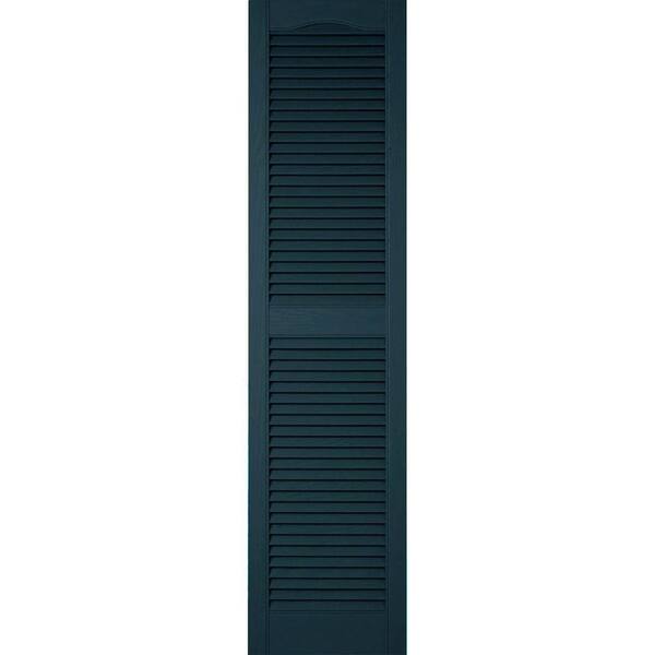 Ekena Millwork 14-1/2 in. x 94 in. Lifetime Vinyl Custom Cathedral Top Center Mullion Open Louvered Shutters Pair Midnight Blue