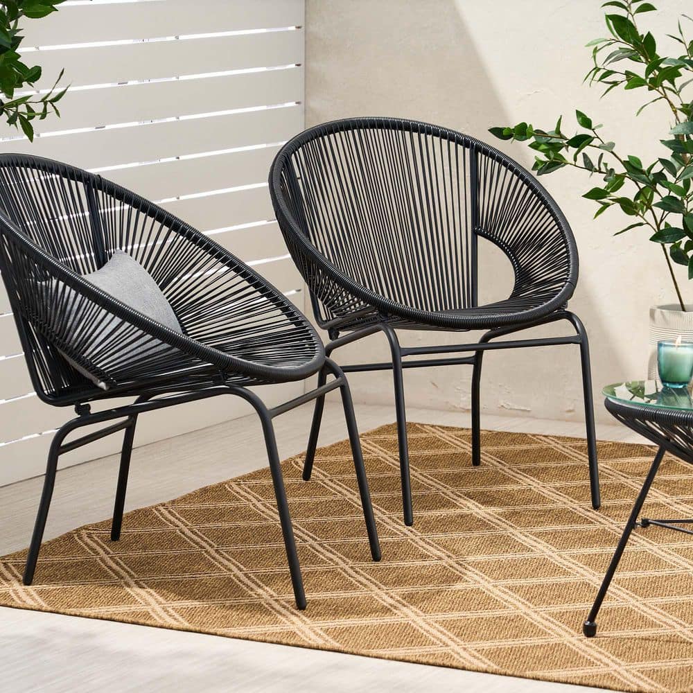 Modern Outdoor Woven Rattan Patio Chairs with Iron Frame-Set of 2