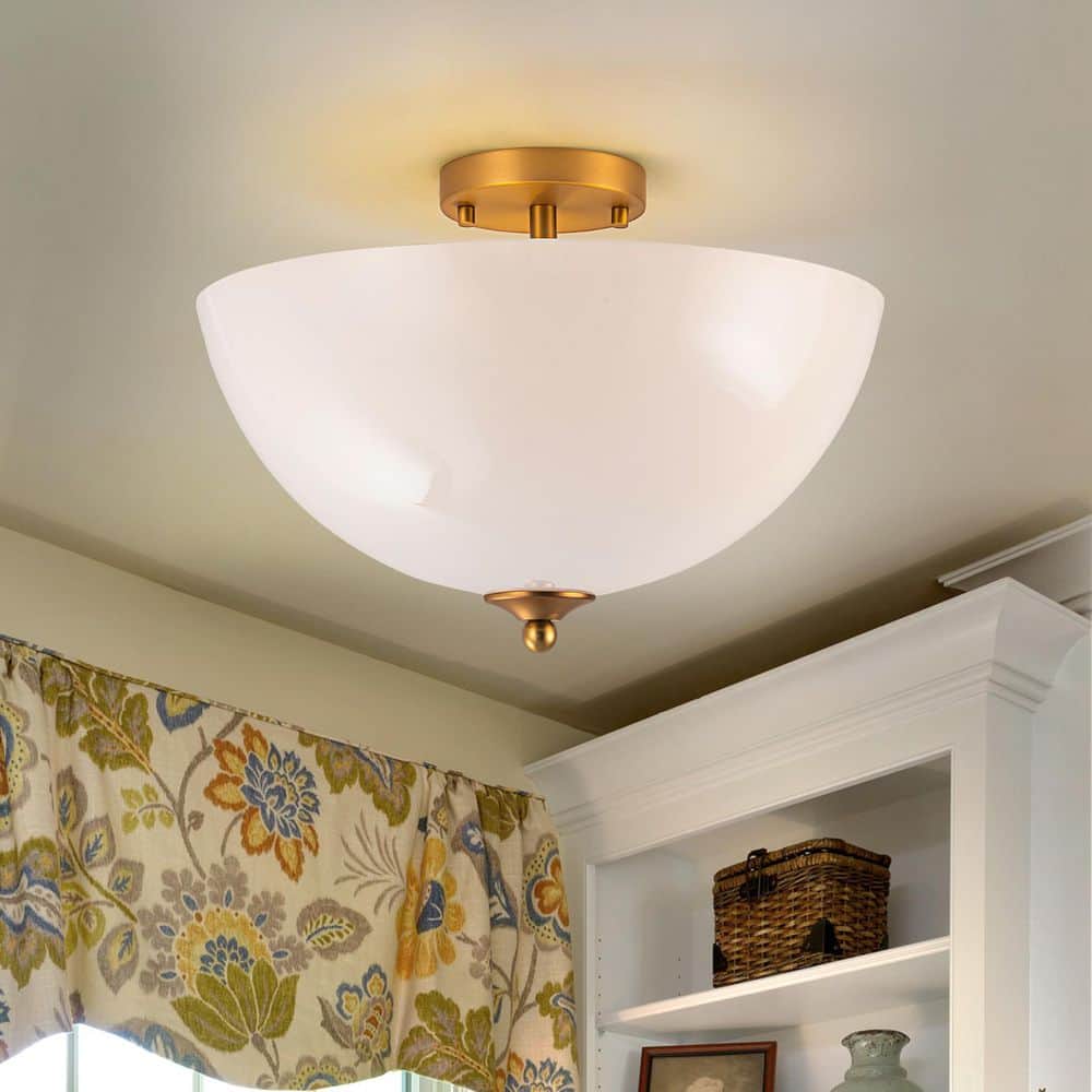 15.43 in. 3-Light Brass and White Bowl Semi-Flush Mount Ceiling Light with Glass Shade price history on PriceWatchPro