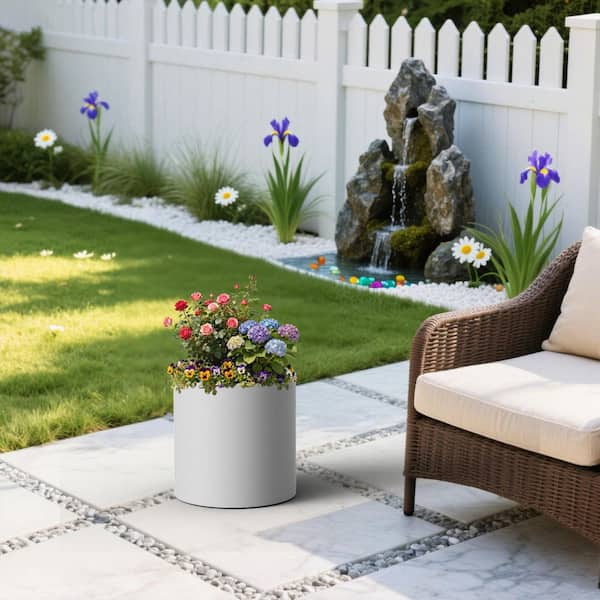 13 in. Medium Pearl White(Upgraded Interior) Concrete Tall Round Planter / Pot Cylindrical Planter with Drainage Hole