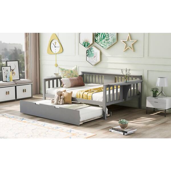 Gray Wooden Full Size Daybed with Full Guard Rail Daybed Sofa Bed with Slat and Bed Rail Weight Capability 250 lb.