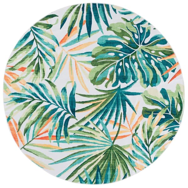 Malibu Ivory/Green 6 ft. x 6 ft. Machine Washable Botanical Ferns Round Area Rug