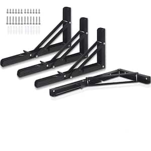 12 in. Heavy Duty Metal Folding Wall Mounted Space Saving Shelf Brackets for Bench Table, Black (4-Pack)