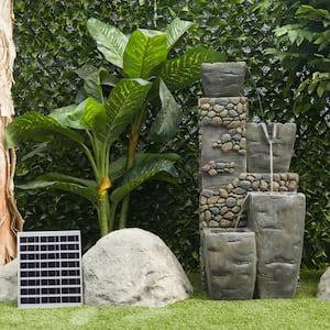 43 in. H Gray Outdoor Solar 4-Tier Cascading Vase Fountain with LED Lights