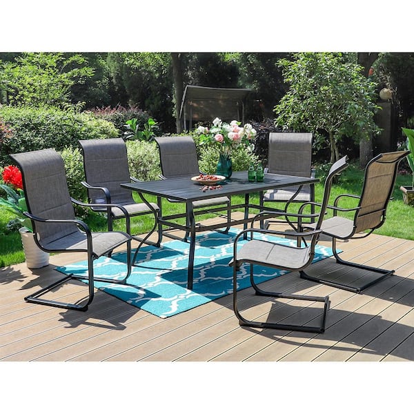 PHI VILLA Black 7-Piece Metal Outdoor Patio Dining Set with Slat Rectangle Table and C-Spring Textilene Chairs