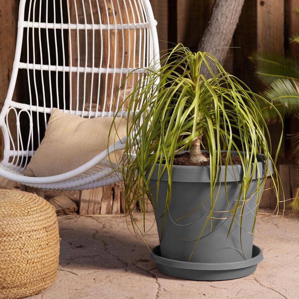 Charcoal Gray Round Resin Planter with Drainage Holes