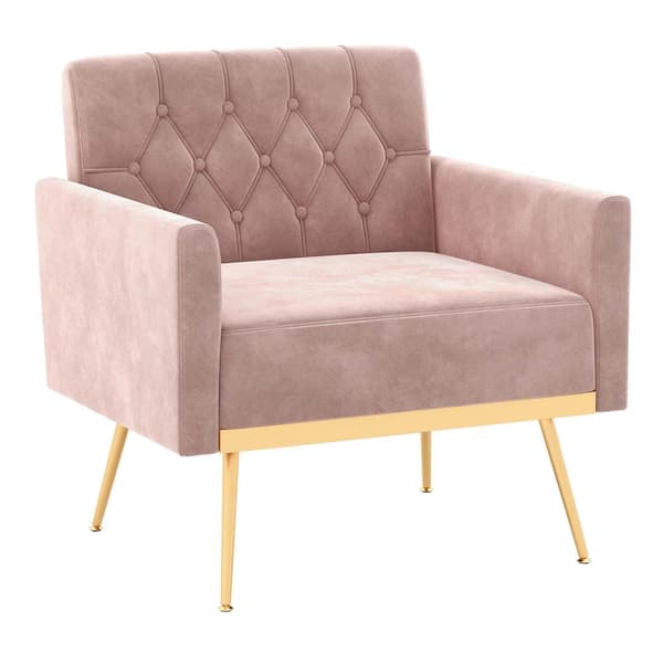 Pink Modern Velvet Accent Chair with Button Tufted Back Golden Metal Legs and Foot Pads