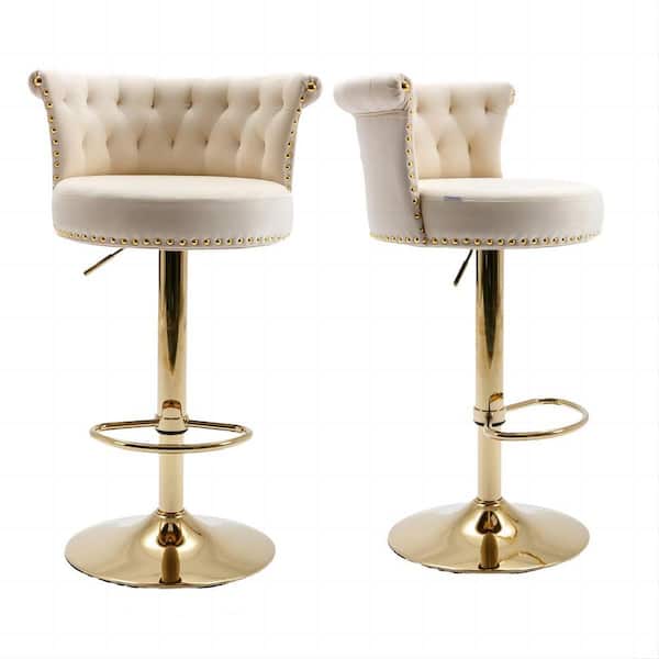 HOMEFUN 32 in. Modern Beige Velvet Swivel High Back Adjustable Height Metal Barstools Set of 2
