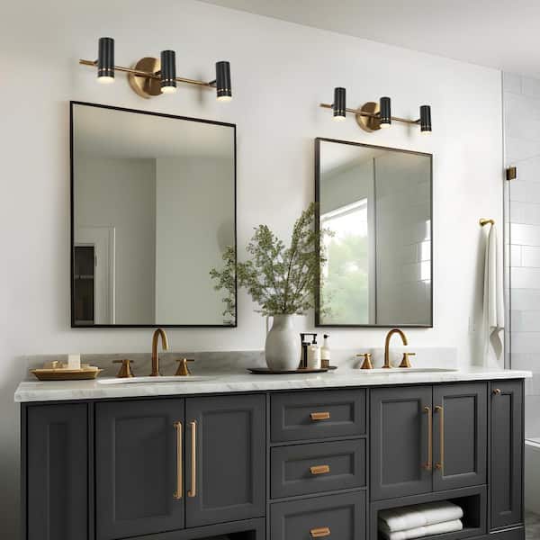 24 in. 3-Light Classic Black LED Wall Sconce, 16W Brass Gold Vanity Light with Metal Shade for Entryway, Foyer