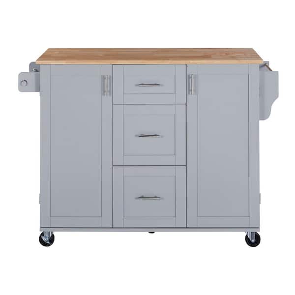 Gray Wood 50 in. Kitchen Island with Rubber Wood Top, 2 Slide-Out Shelf, 3-Drawer and Storage Rack for Kitchen Room