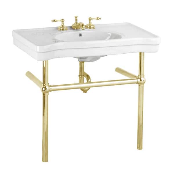 Belle Epoque 35-1/2 in. Console Sink Vitreous China Combo in White with Brass Bistro Legs and Widespread Faucet Holes