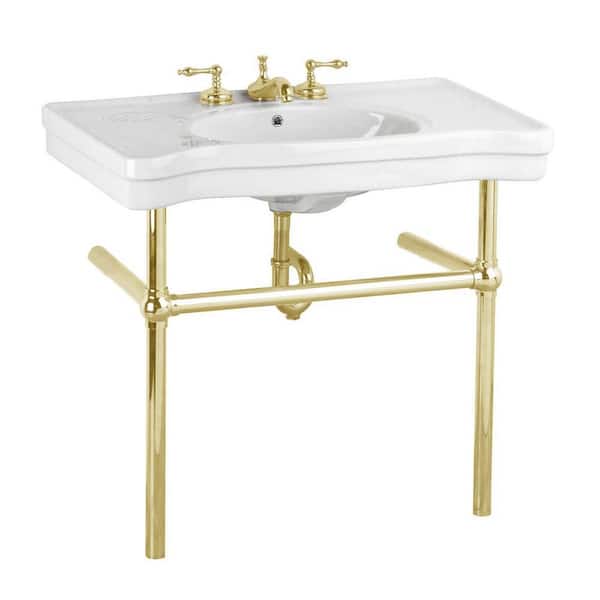 RENOVATORS SUPPLY MANUFACTURING Belle Epoque 35-1/2 in. Console Sink Vitreous China Combo in White with Brass Bistro Legs and Widespread Faucet Holes