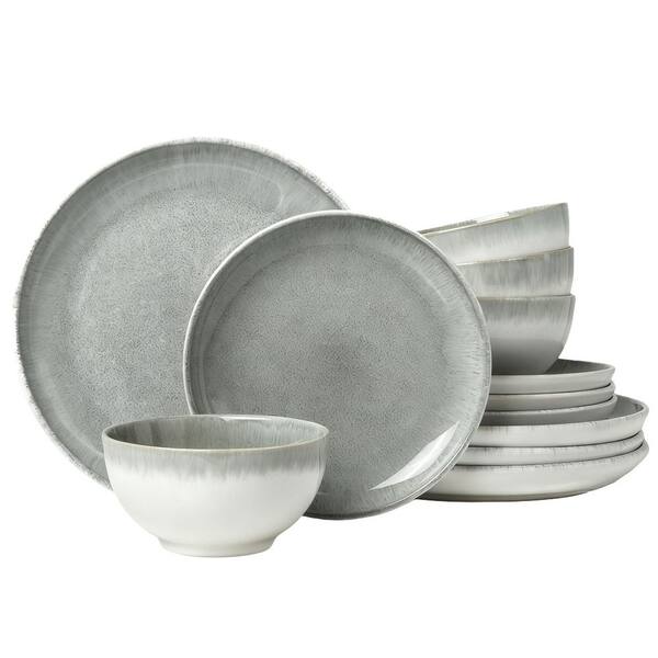 Gradient Green Stoneware Dinnerware Sets, 12-Piece Plates and Bowls Sets, Handmade Ceramic Round Dishes Set for 4