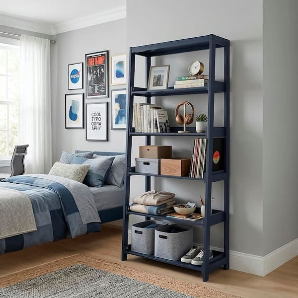 Eliza 67 in. Tall Navy Blue Wood 5 Fixed Shelves Bookcase