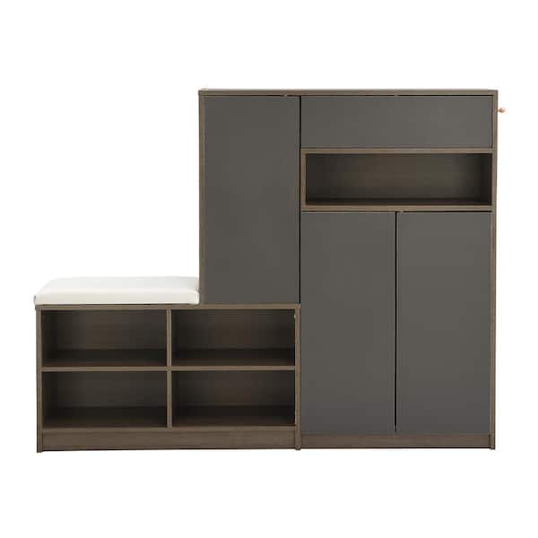 YOFE 43.4 in. H x 55.1 in. W Gray Particle Board 2-in-1 Shoe Storage Cabinet with Padded Bench and Adjustable Shelves
