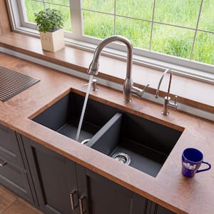 Undermount Granite Composite 33.88 in. 50/50 Double Bowl Kitchen Sink in Black