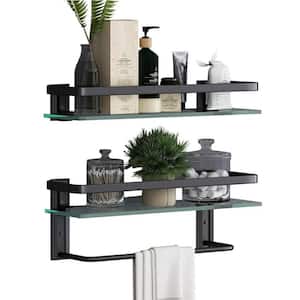 15.74 in. W x 5.85 in. H x 4.88 in. D, Wall Mounted Floating Glass Rectangular Shelves with Towel Holder 2-Tier in Black